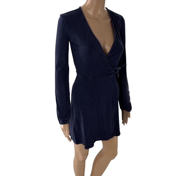 Aritzia Sunday Best Blue Alexi Ribbed Wrap Tie Mini Dress - Picture 4 of 9